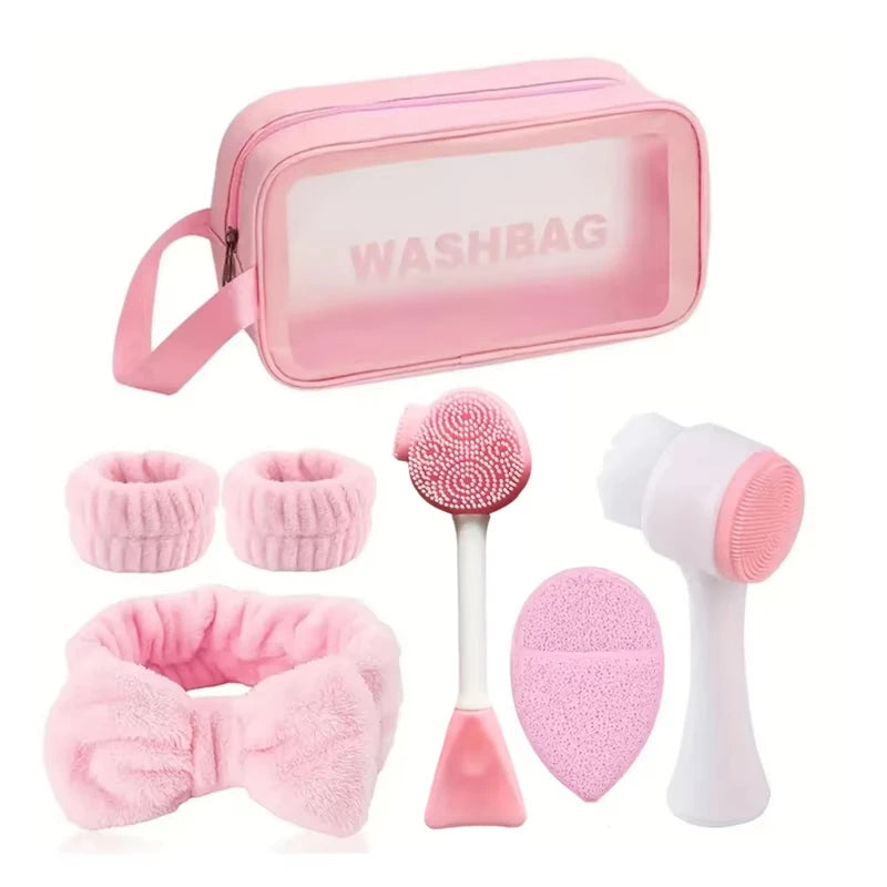 7-piece beauty set, makeup tools, 1 powder puff, 2 cleansing brushes, 3 hair bands, 1 makeup bag.